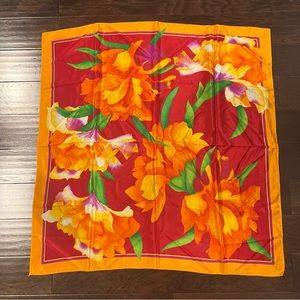 Liz Claiborne | Red + Orange Square Scarf with Multi-Color Floral Print